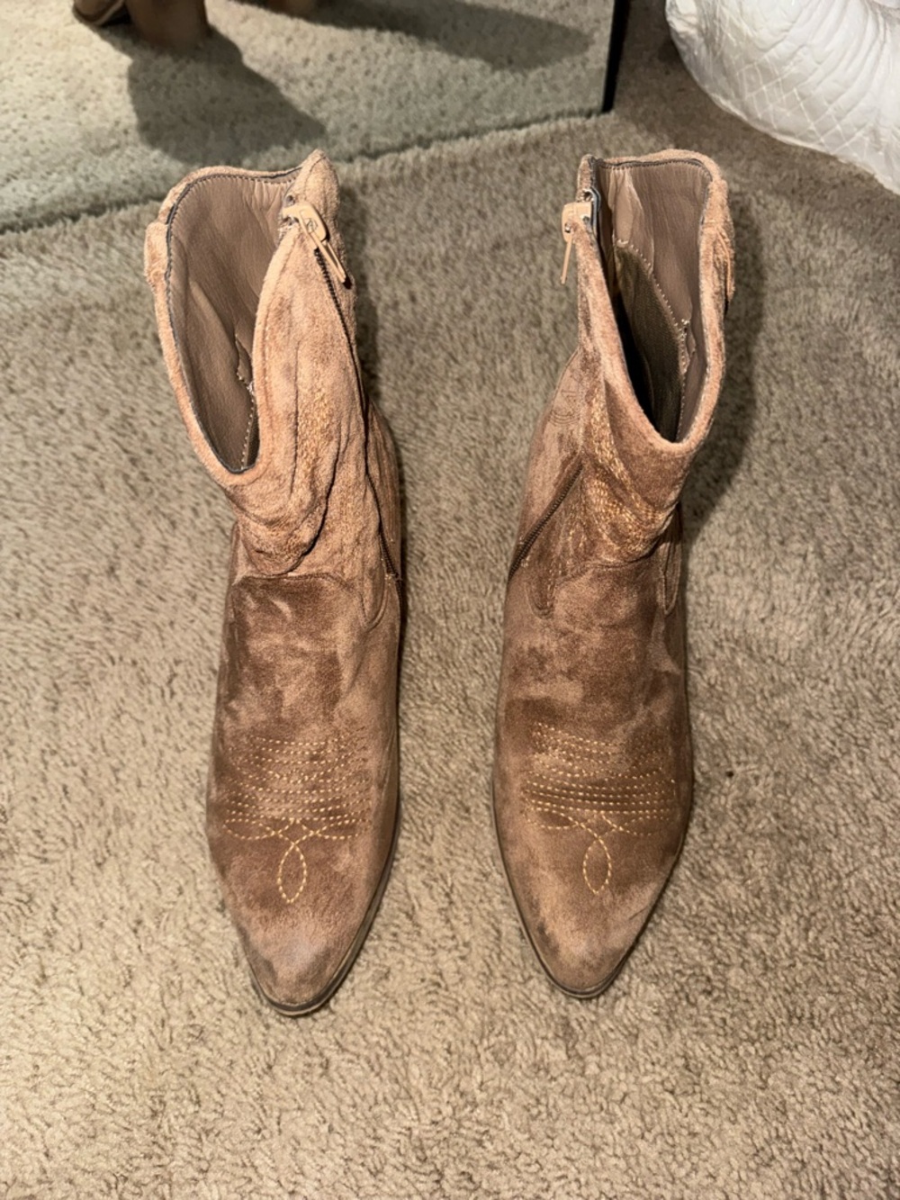 Altar'd State Tan-Brown Suede Ankle Booties with Western Stitching